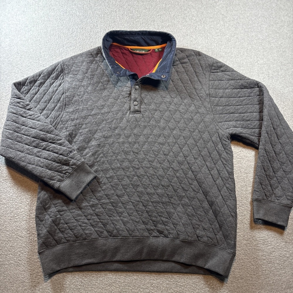 Orvis Gray Quilted Snap Sweatshirt Mens XL 100% Cotton Classic Outdoors